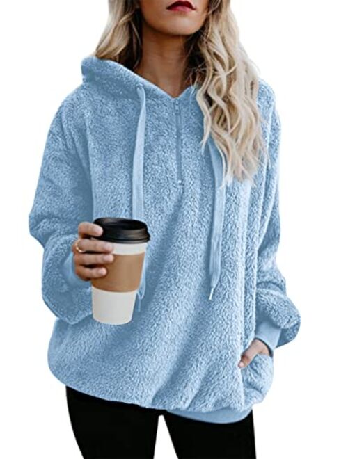 ReachMe Womens Oversized Sherpa Pullover Hoodie with Pockets Fuzzy Fleece Sweatshirt Fluffy Coat