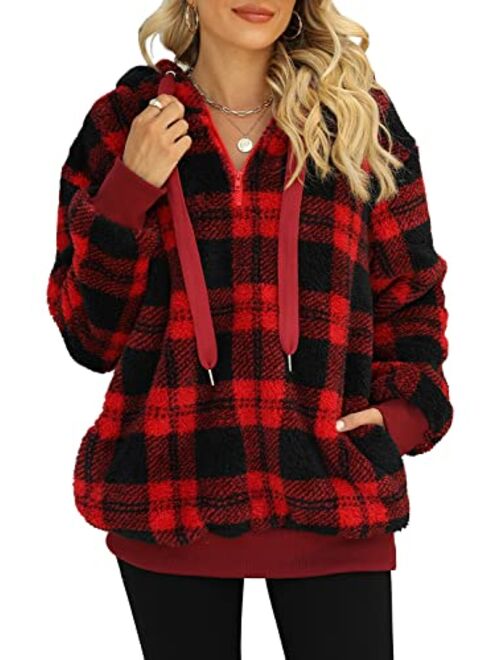 ReachMe Womens Oversized Sherpa Pullover Hoodie with Pockets Fuzzy Fleece Sweatshirt Fluffy Coat