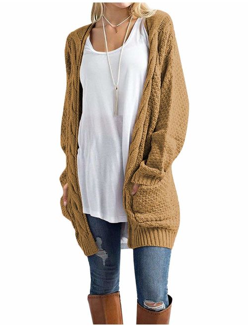 Traleubie Open Front Long Sleeve Boho Boyfriend Knit Chunky Cardigan Sweater