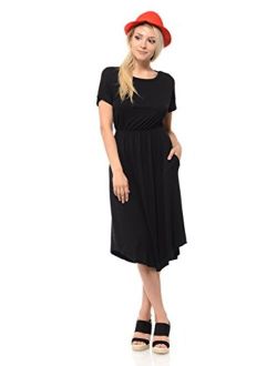 iconic luxe Women's Short Sleeve Flare Midi Dress with Pockets in Solid and Floral - Made in USA