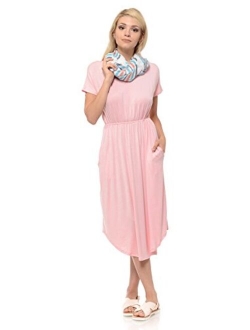 iconic luxe Women's Short Sleeve Flare Midi Dress with Pockets in Solid and Floral - Made in USA