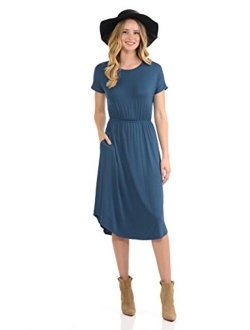 iconic luxe Women's Short Sleeve Flare Midi Dress with Pockets in Solid and Floral - Made in USA