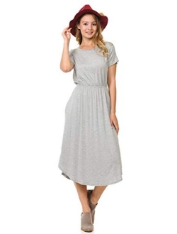 iconic luxe Women's Short Sleeve Flare Midi Dress with Pockets in Solid and Floral - Made in USA