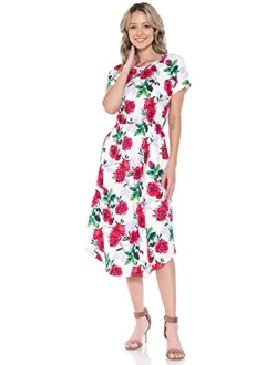 iconic luxe Women's Short Sleeve Flare Midi Dress with Pockets in Solid and Floral - Made in USA