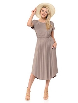 iconic luxe Women's Short Sleeve Flare Midi Dress with Pockets in Solid and Floral - Made in USA