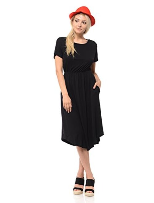 iconic luxe Women's Short Sleeve Flare Midi Dress with Pockets in Solid and Floral - Made in USA