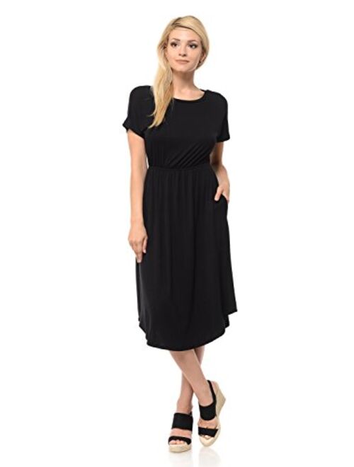 iconic luxe Women's Short Sleeve Flare Midi Dress with Pockets in Solid and Floral - Made in USA