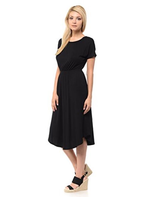 iconic luxe Women's Short Sleeve Flare Midi Dress with Pockets in Solid and Floral - Made in USA