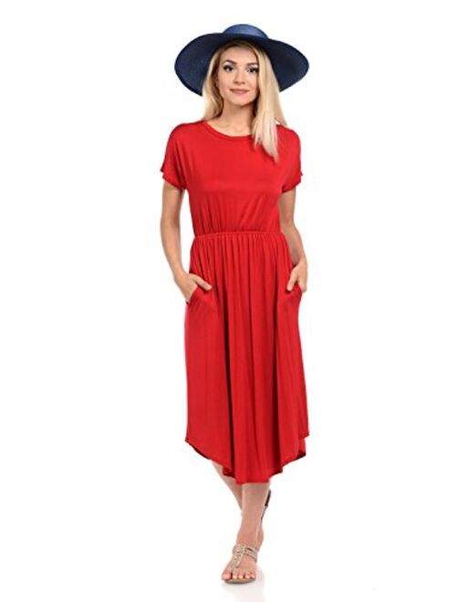 iconic luxe Women's Short Sleeve Flare Midi Dress with Pockets in Solid and Floral - Made in USA