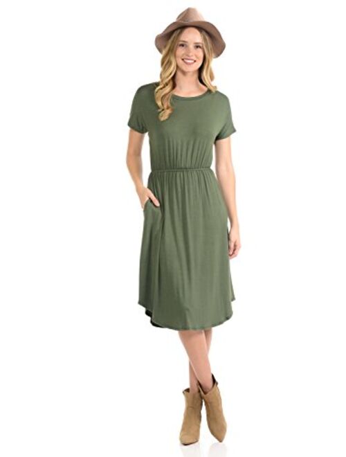 iconic luxe Women's Short Sleeve Flare Midi Dress with Pockets in Solid and Floral - Made in USA