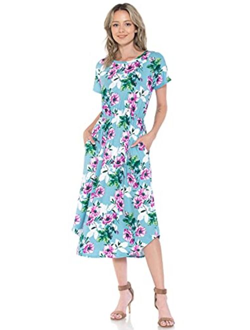 iconic luxe Women's Short Sleeve Flare Midi Dress with Pockets in Solid and Floral - Made in USA