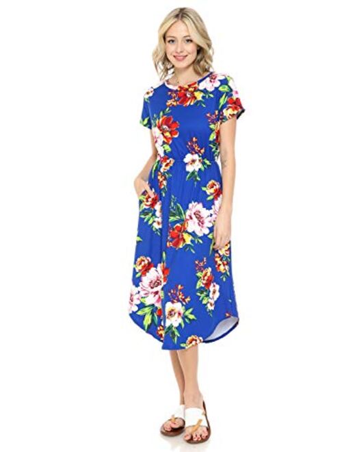 iconic luxe Women's Short Sleeve Flare Midi Dress with Pockets in Solid and Floral - Made in USA