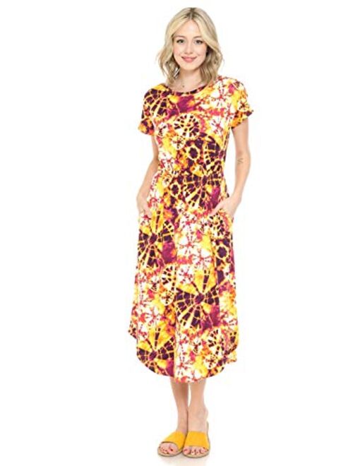 iconic luxe Women's Short Sleeve Flare Midi Dress with Pockets in Solid and Floral - Made in USA