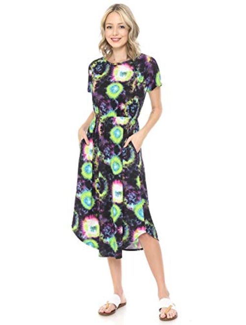 iconic luxe Women's Short Sleeve Flare Midi Dress with Pockets in Solid and Floral - Made in USA