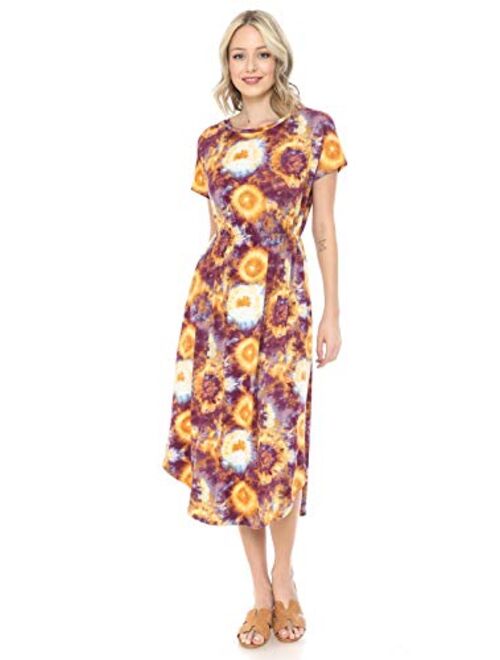 iconic luxe Women's Short Sleeve Flare Midi Dress with Pockets in Solid and Floral - Made in USA