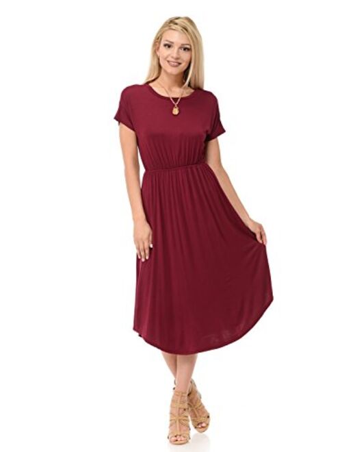 iconic luxe Women's Short Sleeve Flare Midi Dress with Pockets in Solid and Floral - Made in USA