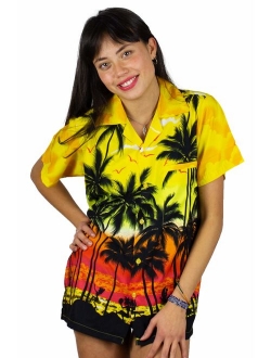 V.H.O. Funky Hawaiian Blouse Women Short-Sleeve Front-Pocket Beach Palm Multi Colors