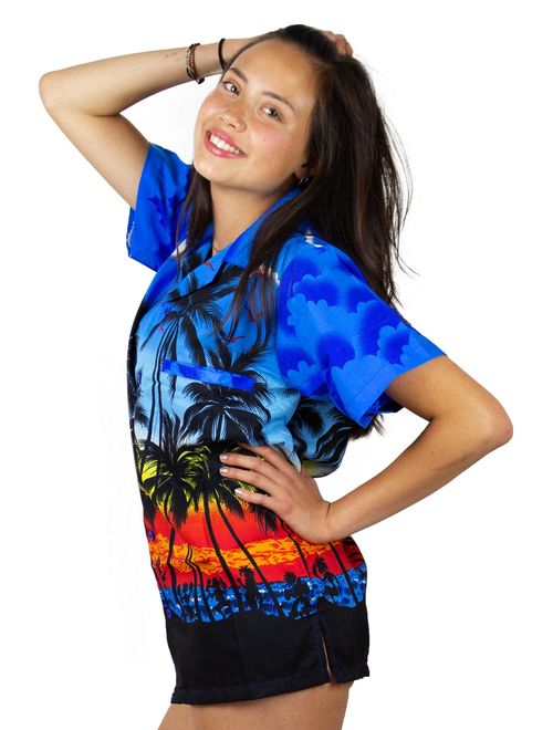 V.H.O. Funky Hawaiian Blouse Women Short-Sleeve Front-Pocket Beach Palm Multi Colors