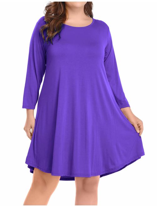 BELAROI Women's Casual Flare Plain Simple 3/4 Sleeve T-Shirt Loose Dress