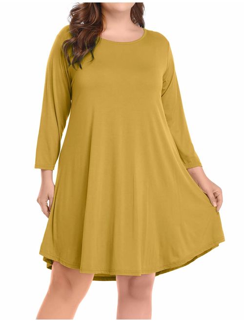 BELAROI Women's Casual Flare Plain Simple 3/4 Sleeve T-Shirt Loose Dress