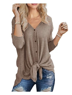 IWOLLENCE Womens Waffle Knit Tunic Blouse Tie Knot Henley Tops Loose Fitting Bat Wing Plain Shirts