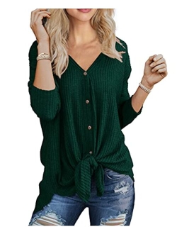 IWOLLENCE Womens Waffle Knit Tunic Blouse Tie Knot Henley Tops Loose Fitting Bat Wing Plain Shirts