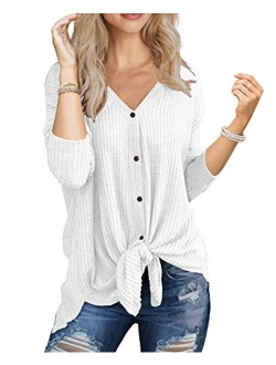 IWOLLENCE Womens Waffle Knit Tunic Blouse Tie Knot Henley Tops Loose Fitting Bat Wing Plain Shirts