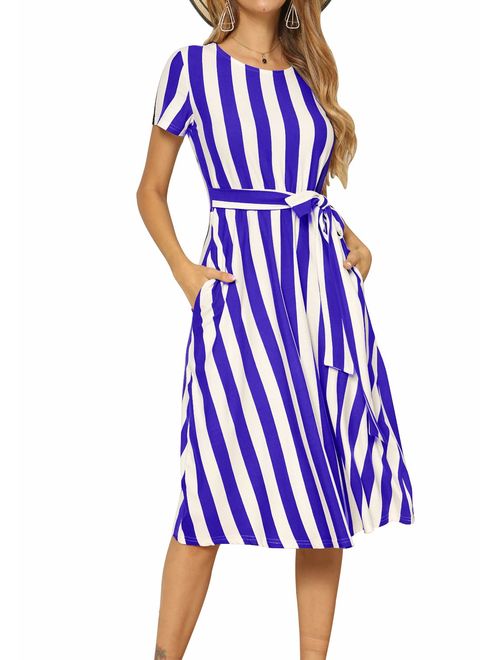 levaca Women's Short Sleeve Striped Casual Flowy Midi Belt Dress with Pockets