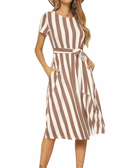 levaca Women's Short Sleeve Striped Casual Flowy Midi Belt Dress with Pockets