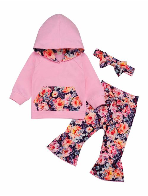 Baby Girl Clothes Long Sleeve Hoodie Sweatshirt Floral Pants with Headband Outfit Sets