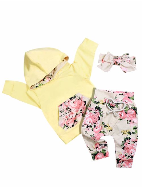 Baby Girl Clothes Long Sleeve Hoodie Sweatshirt Floral Pants with Headband Outfit Sets