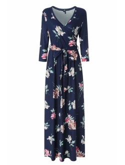 Kranda Womens 3/4 Sleeve V Neck Floral Print Faux Wrap Long Maxi Dress with Belt