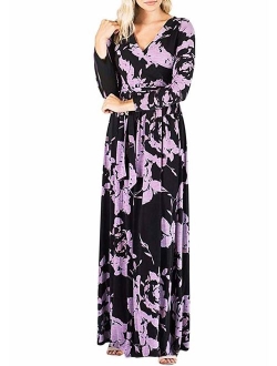 Kranda Womens 3/4 Sleeve V Neck Floral Print Faux Wrap Long Maxi Dress with Belt