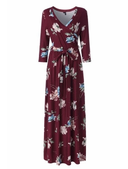 Kranda Womens 3/4 Sleeve V Neck Floral Print Faux Wrap Long Maxi Dress with Belt