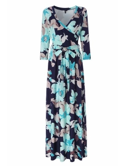 Kranda Womens 3/4 Sleeve V Neck Floral Print Faux Wrap Long Maxi Dress with Belt