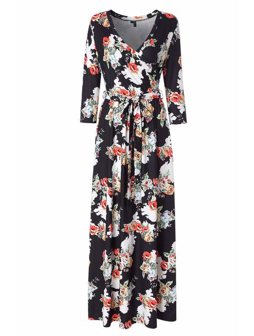 Kranda Womens 3/4 Sleeve V Neck Floral Print Faux Wrap Long Maxi Dress with Belt