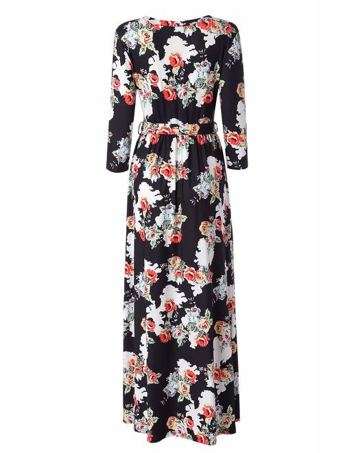 Kranda Womens 3/4 Sleeve V Neck Floral Print Faux Wrap Long Maxi Dress with Belt