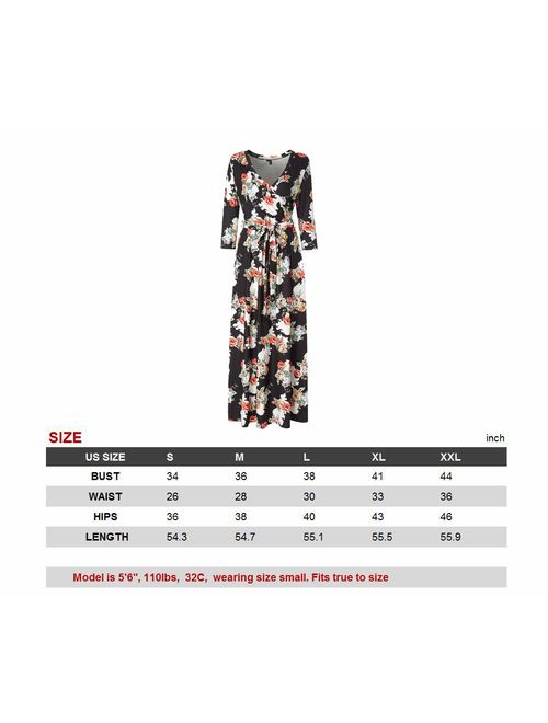 Kranda Womens 3/4 Sleeve V Neck Floral Print Faux Wrap Long Maxi Dress with Belt