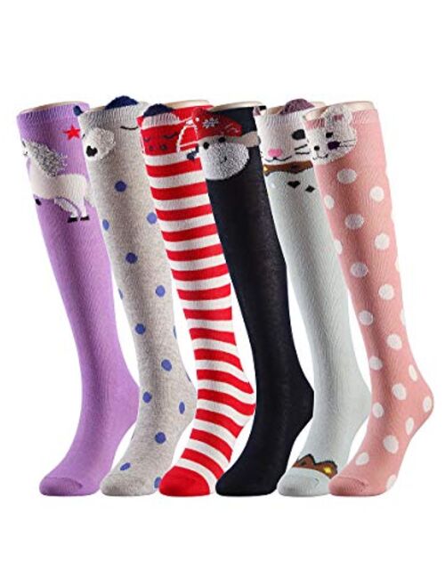 CISMARK Cartoon Animal Cat Bear Fox Cotton over Calf Knee High Socks, 6 Colors, One Size