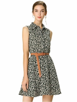 Women's Half Placket Above Knee Printed Belted Sleeveless Dress