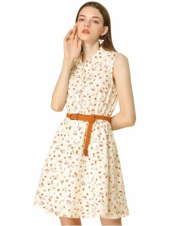 Women's Half Placket Above Knee Printed Belted Sleeveless Dress