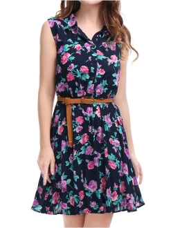 Women's Half Placket Above Knee Printed Belted Sleeveless Dress