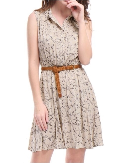 Women's Half Placket Above Knee Printed Belted Sleeveless Dress