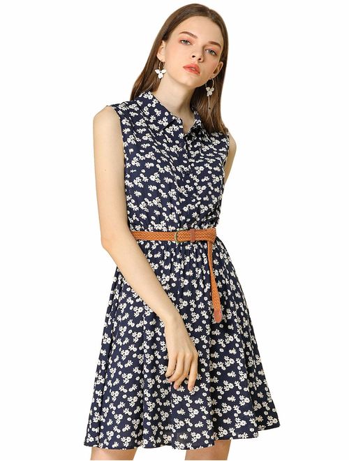 Allegra K Women's Half Placket Above Knee Printed Belted Sleeveless Dress