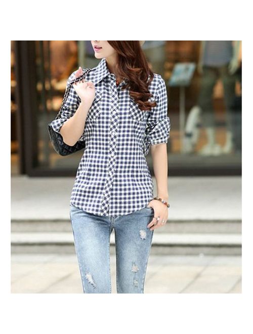 Lasher Female Cotton Casual Plaid Button-up Shirts