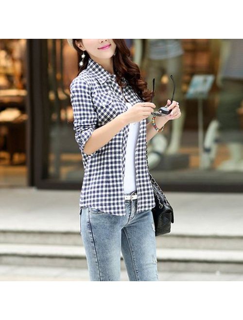 Lasher Female Cotton Casual Plaid Button-up Shirts