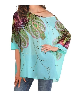 Rokou Women Chiffon Blouse Floral Batwing Sleeve Beach Loose Tunic Shirt Tops