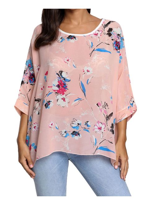 Rokou Women Chiffon Blouse Floral Batwing Sleeve Beach Loose Tunic Shirt Tops