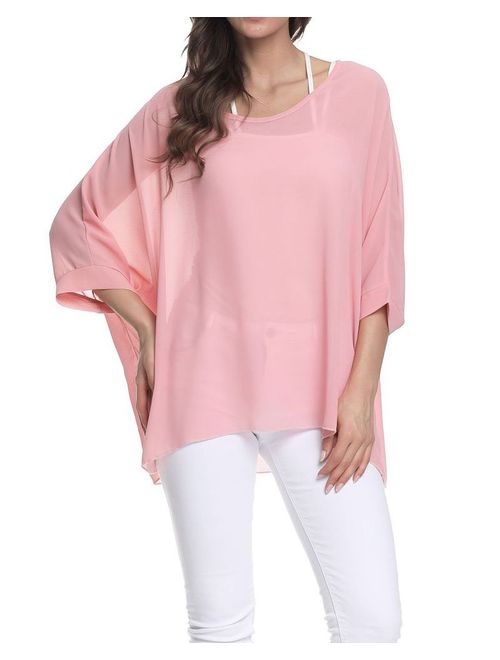 Rokou Women Chiffon Blouse Floral Batwing Sleeve Beach Loose Tunic Shirt Tops