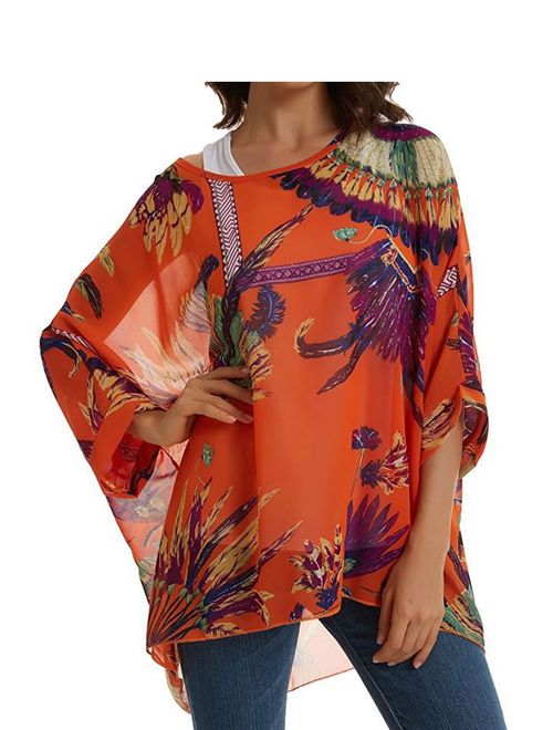 Rokou Women Chiffon Blouse Floral Batwing Sleeve Beach Loose Tunic Shirt Tops